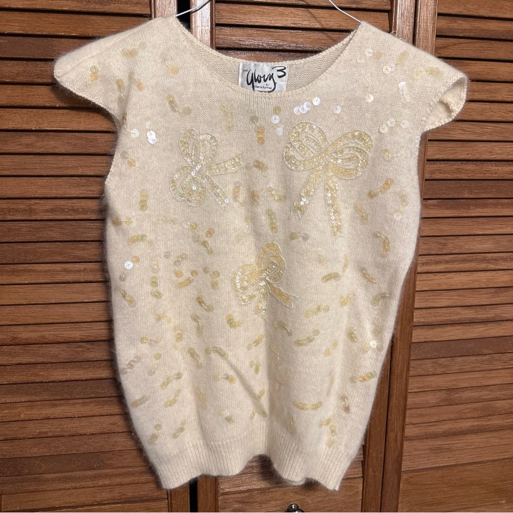 Cream Wool Pullover Sweater Vest with Bow Details